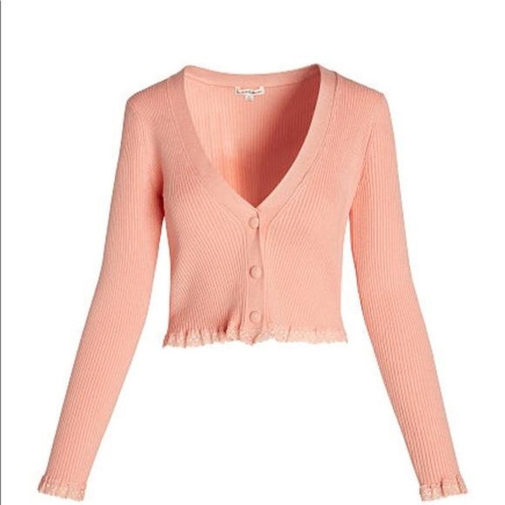 For Love & Lemons Pink Nina Button Up Ribbed Cardigan V-Neck Lace Trim